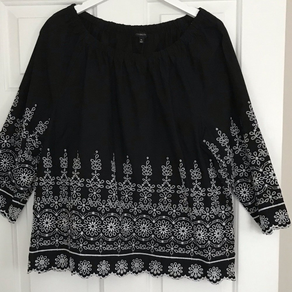 Talbots black and white peasant blouse